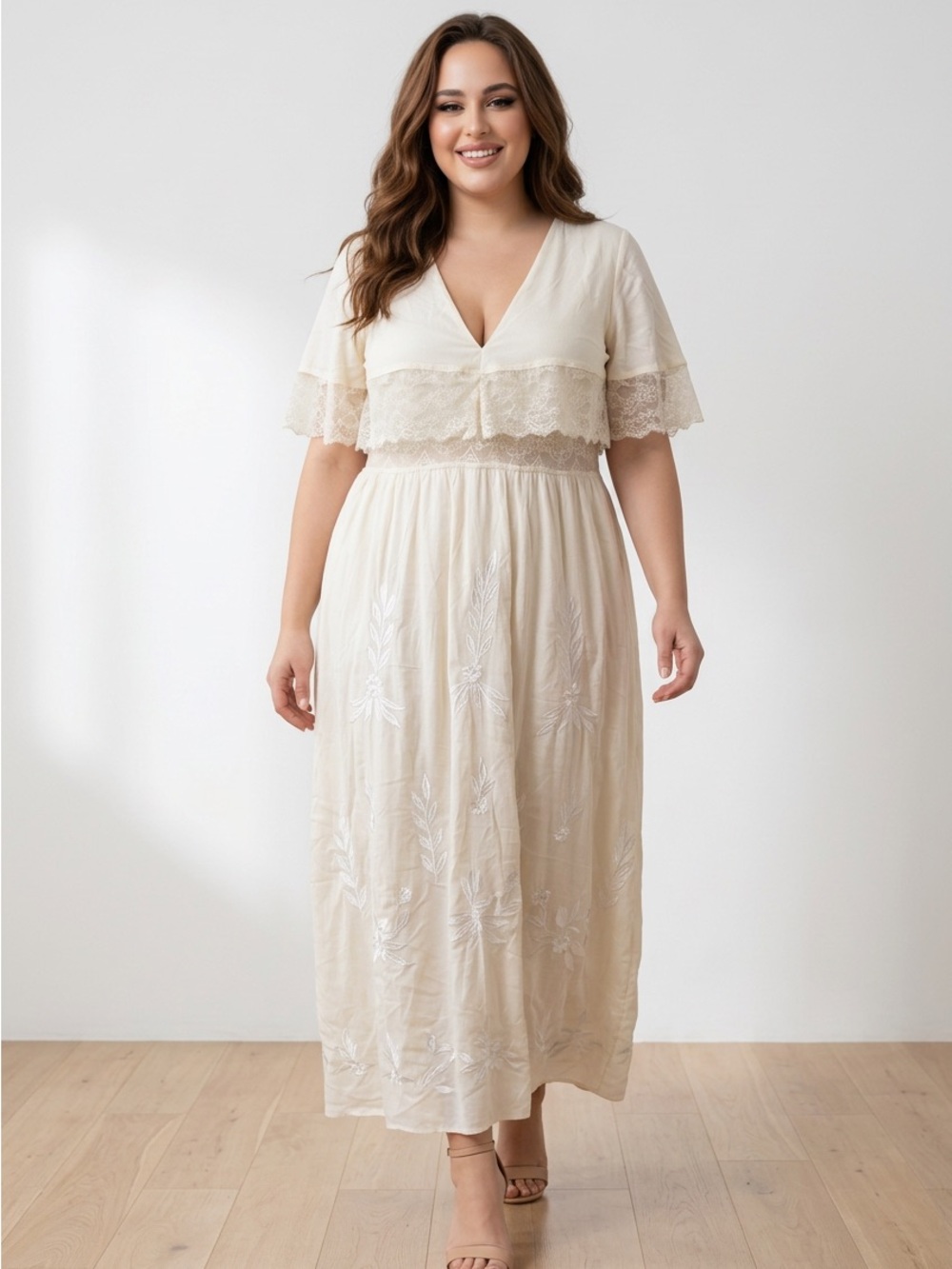 SHEIN Cream Lace-Trim V-Neck Maxi Dress